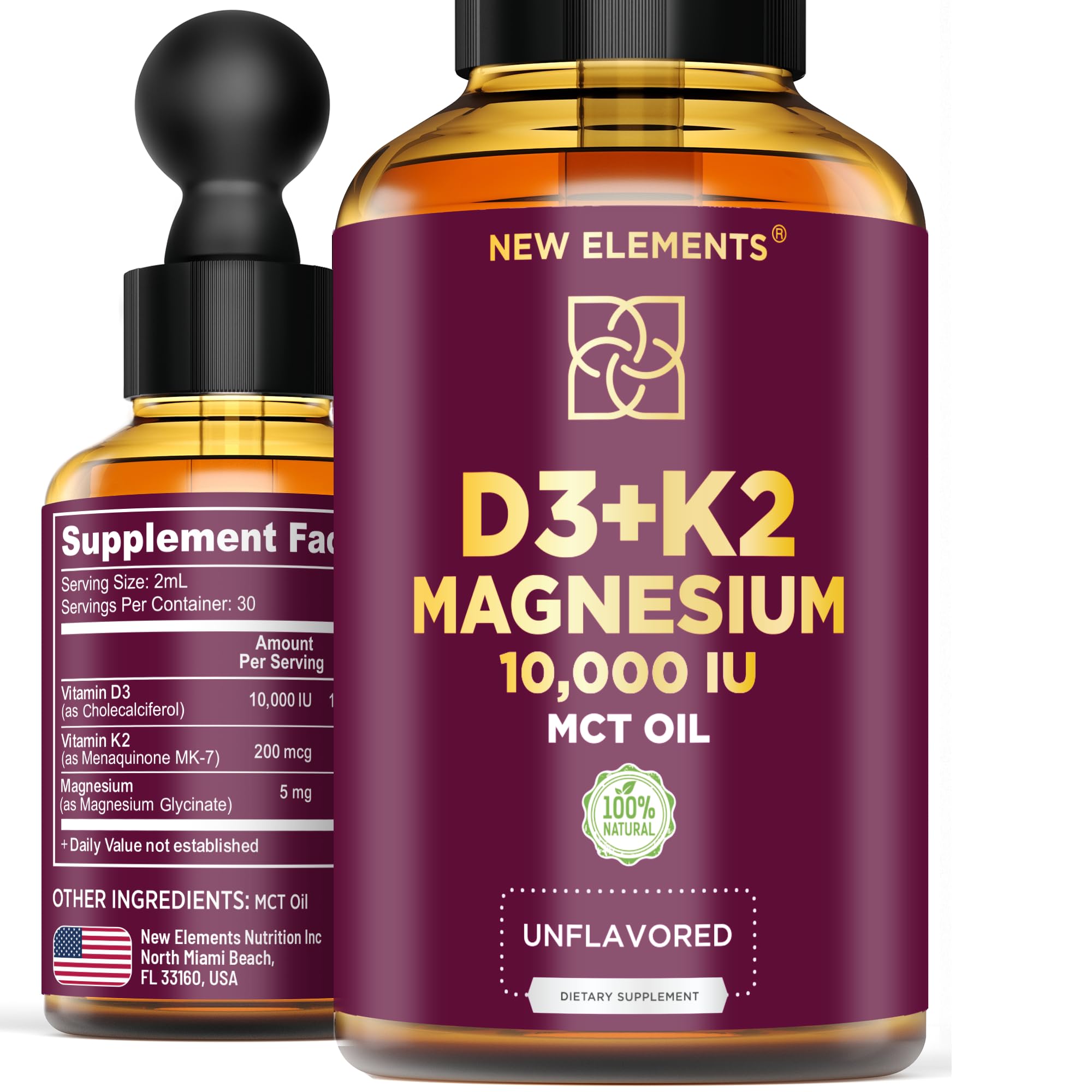 New Elements D3K2Mg bottle pour for easy bone-supporting daily supplement