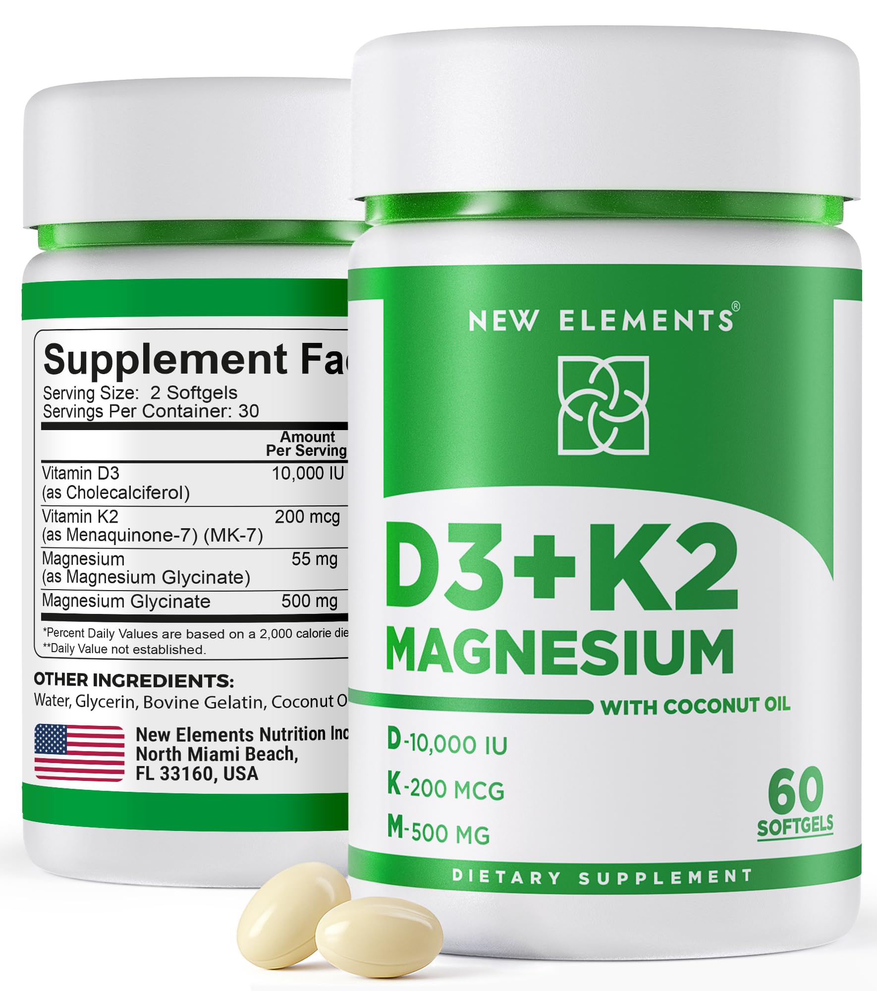 New Elements Vitamin D3 K2 softgel bottle label highlighting bone health.