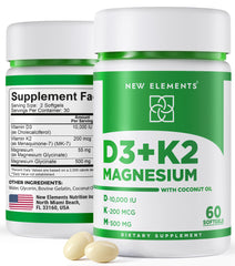 New Elements Vitamin D3 K2 softgel bottle label highlighting bone health.