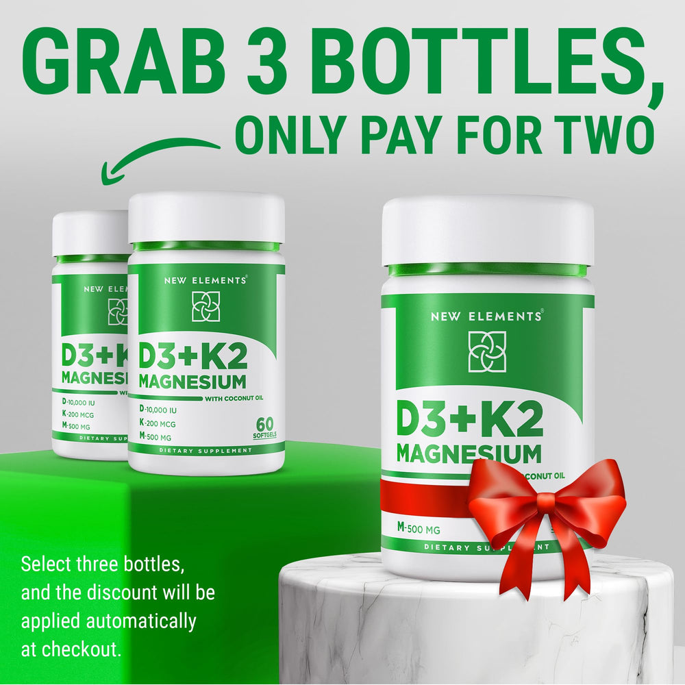 New Elements Vitamin D3 K2 bottle being poured for easy dosing.