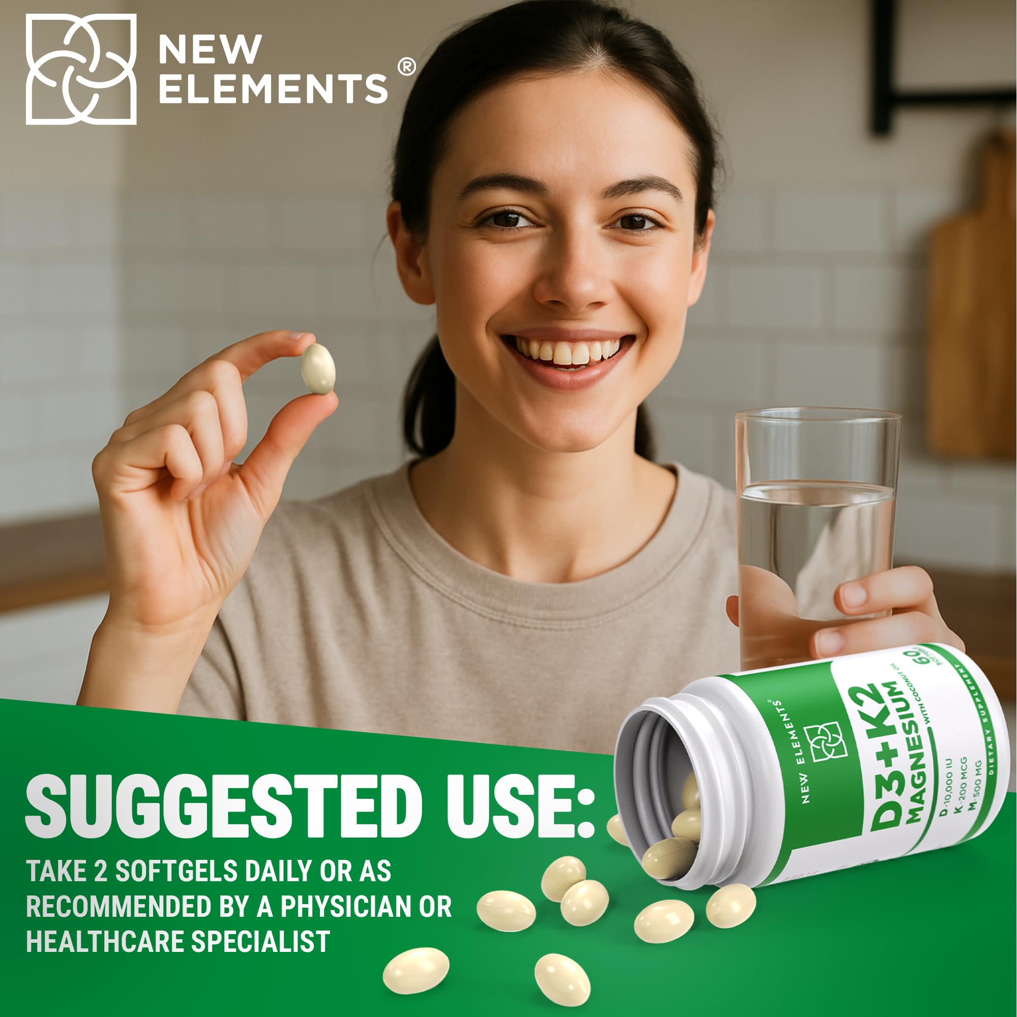 D3 K2 bottle with spoon illustrating convenient dosing.
