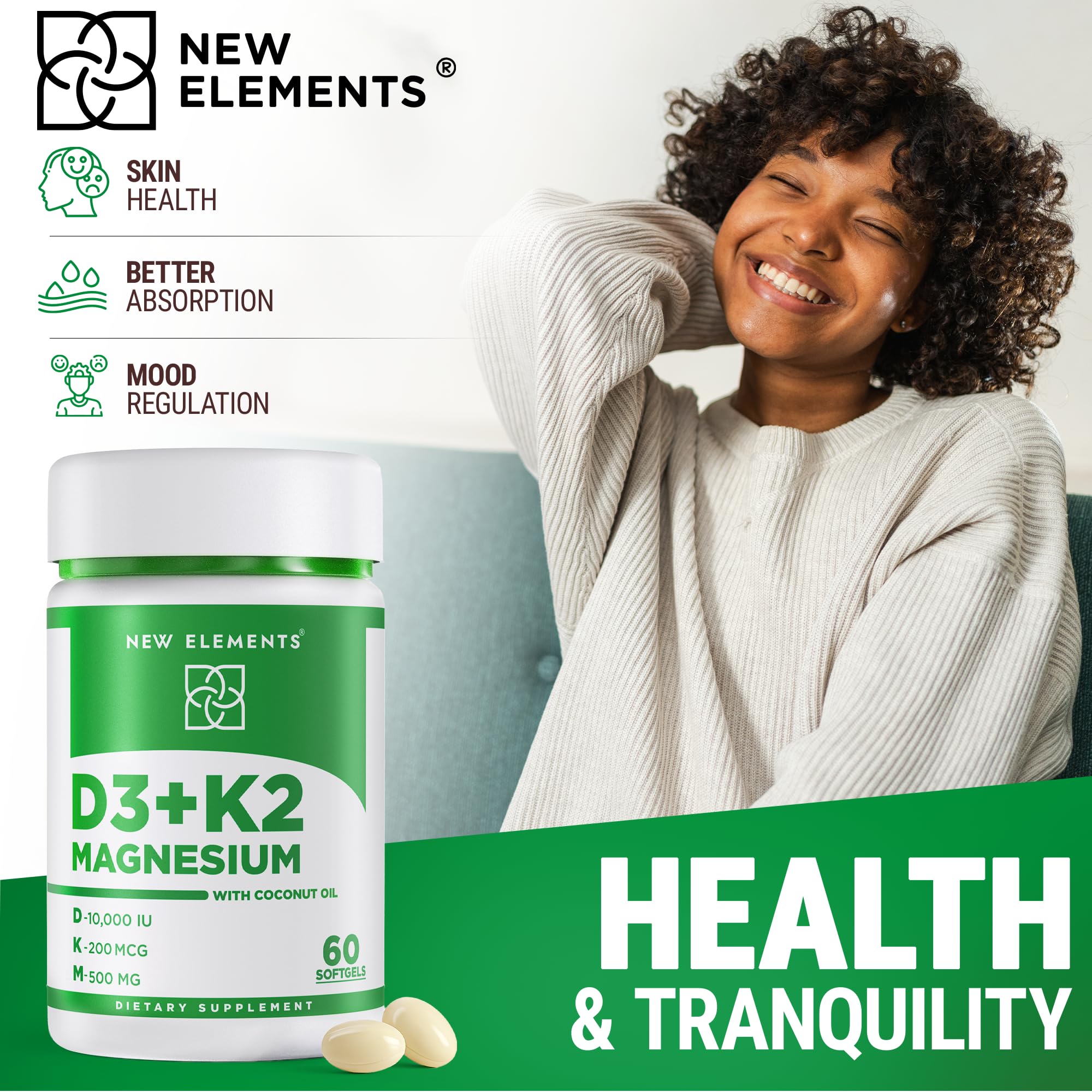 Ingredient panel highlights the D3, K2, and magnesium glycinate.