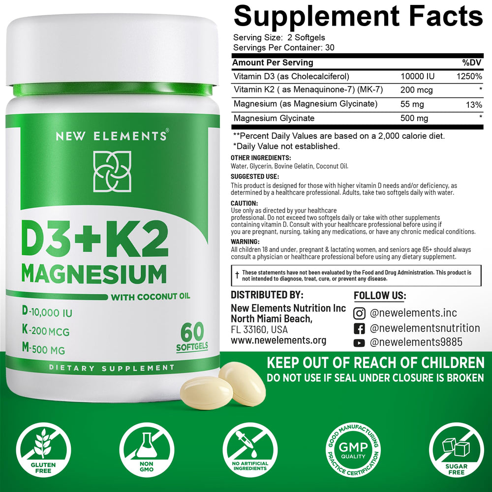 Magnesium glycinate capsules beside the D3 K2 bottle for energy and relaxation.