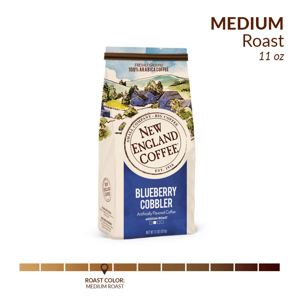 New England Coffee Blueberry Cobbler whole beans close-up highlighting 100% Arabica