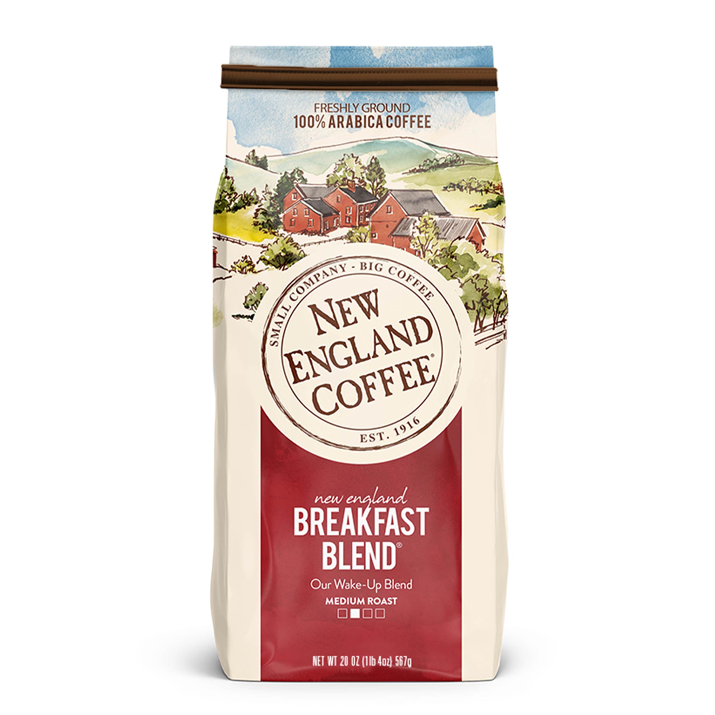 New England Coffee Breakfast Blend beans in bag with rich aroma ideal for a morning ritual.