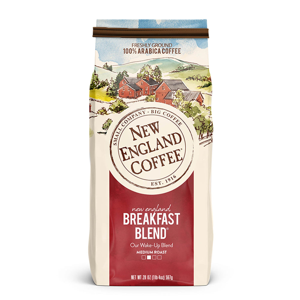 New England Coffee Breakfast Blend beans in bag with rich aroma ideal for a morning ritual.