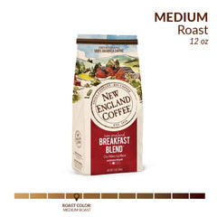 New England Coffee Breakfast Blend bag releasing inviting aroma for fresh brewing.