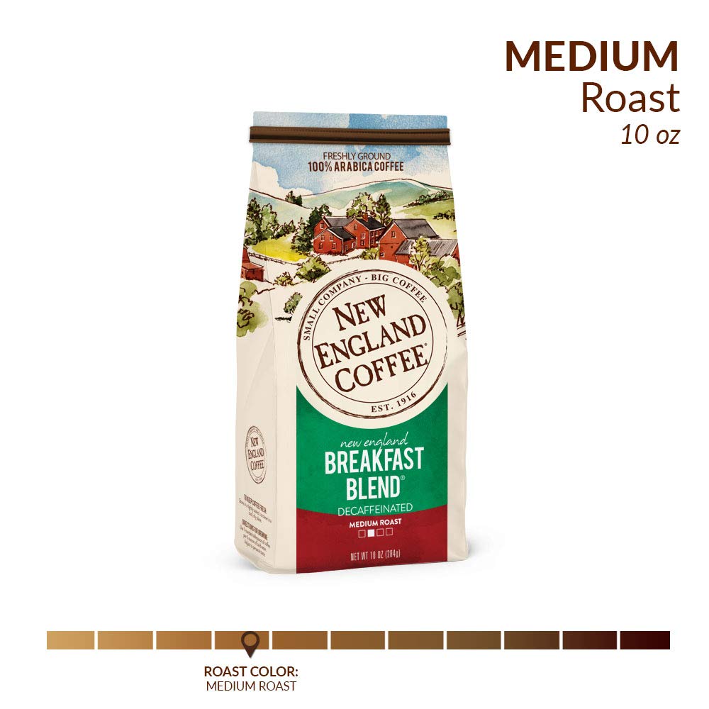 New England Coffee Breakfast Blend Decaf grounds ready for a fresh brew.