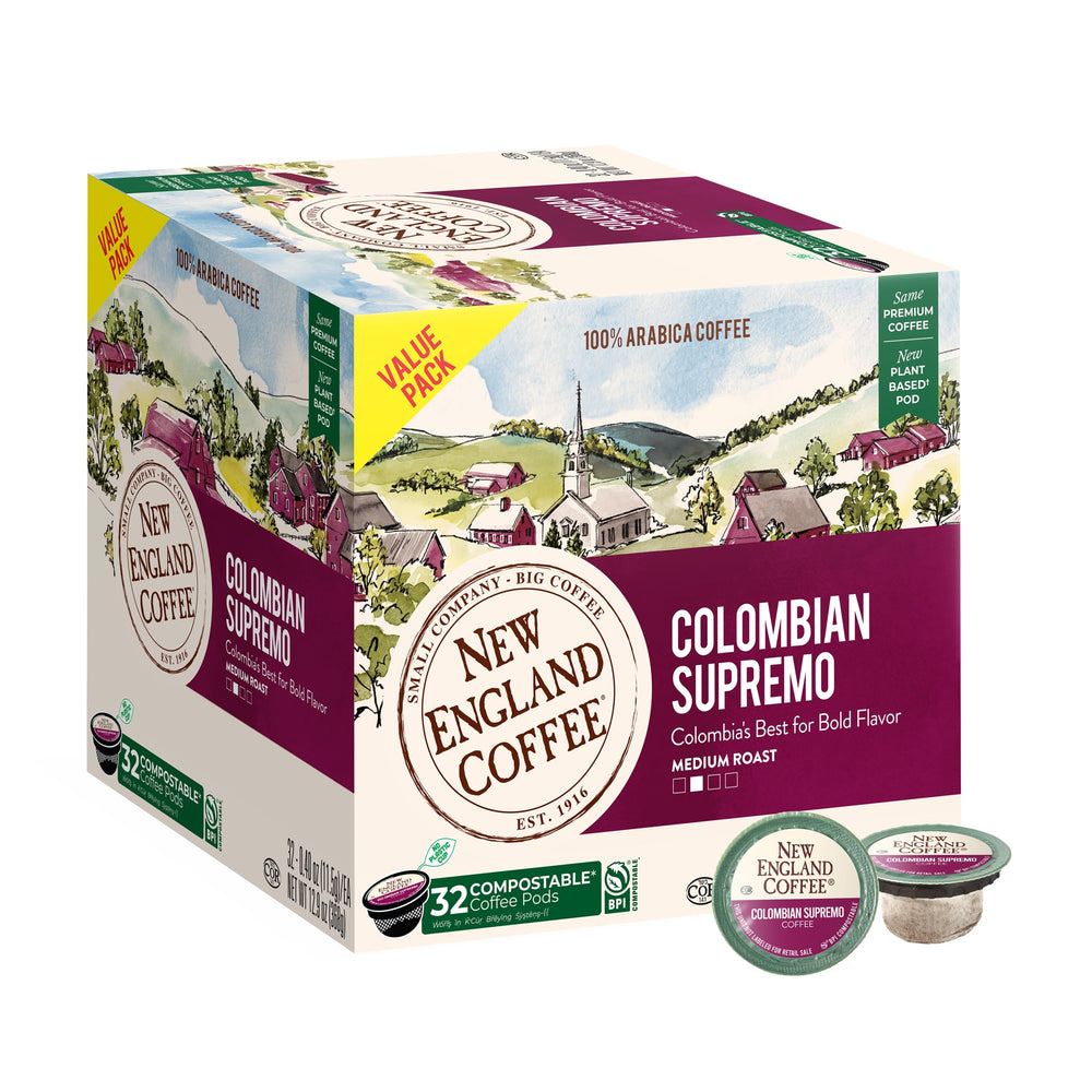 New England Coffee Colombian Supremo pods deliver robust medium-roast aroma for quick mornings.