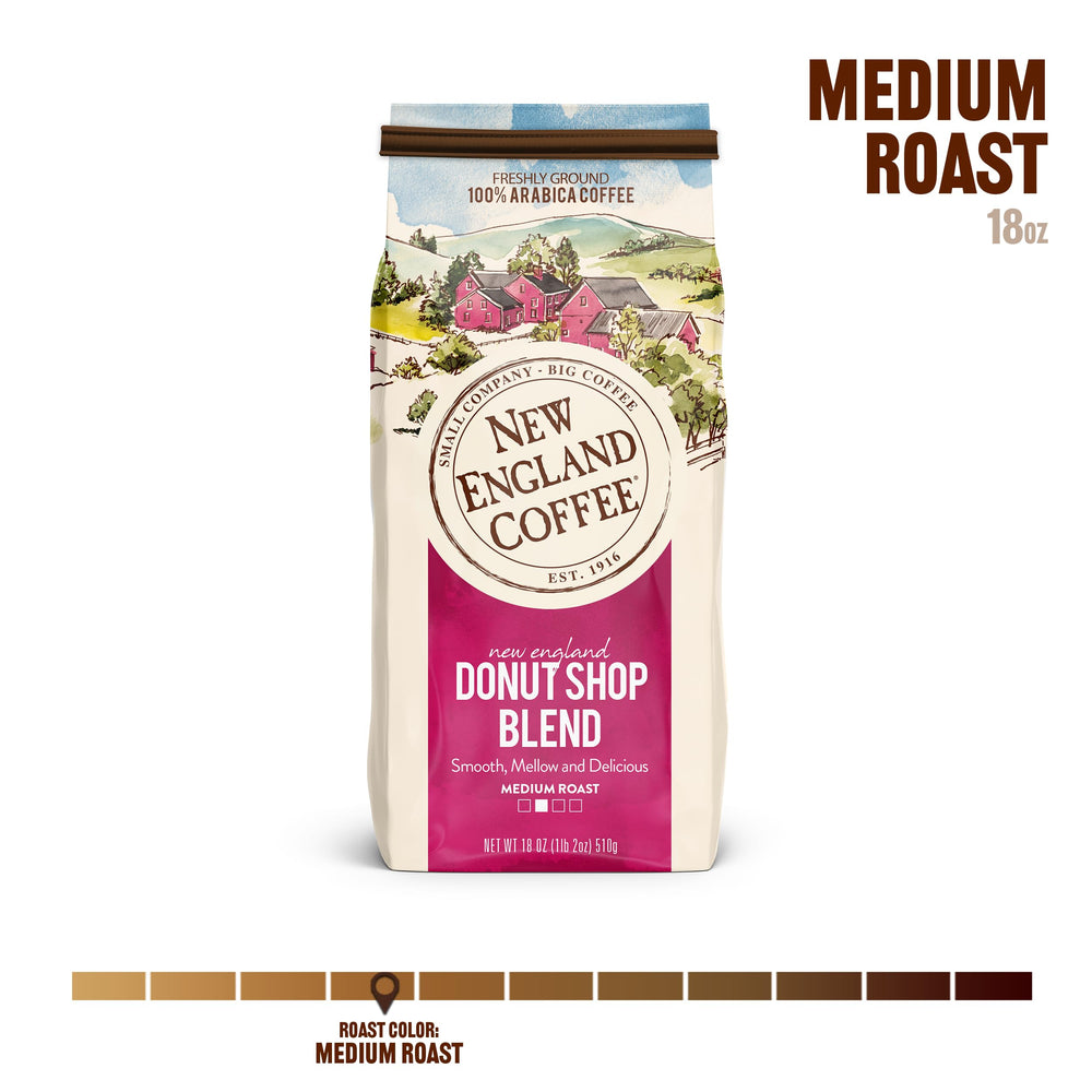 New England Coffee Donut Shop Blend ground coffee pour showing balanced flavor