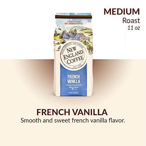 New England Coffee French Vanilla pack of 3 on kitchen shelf with inviting scent