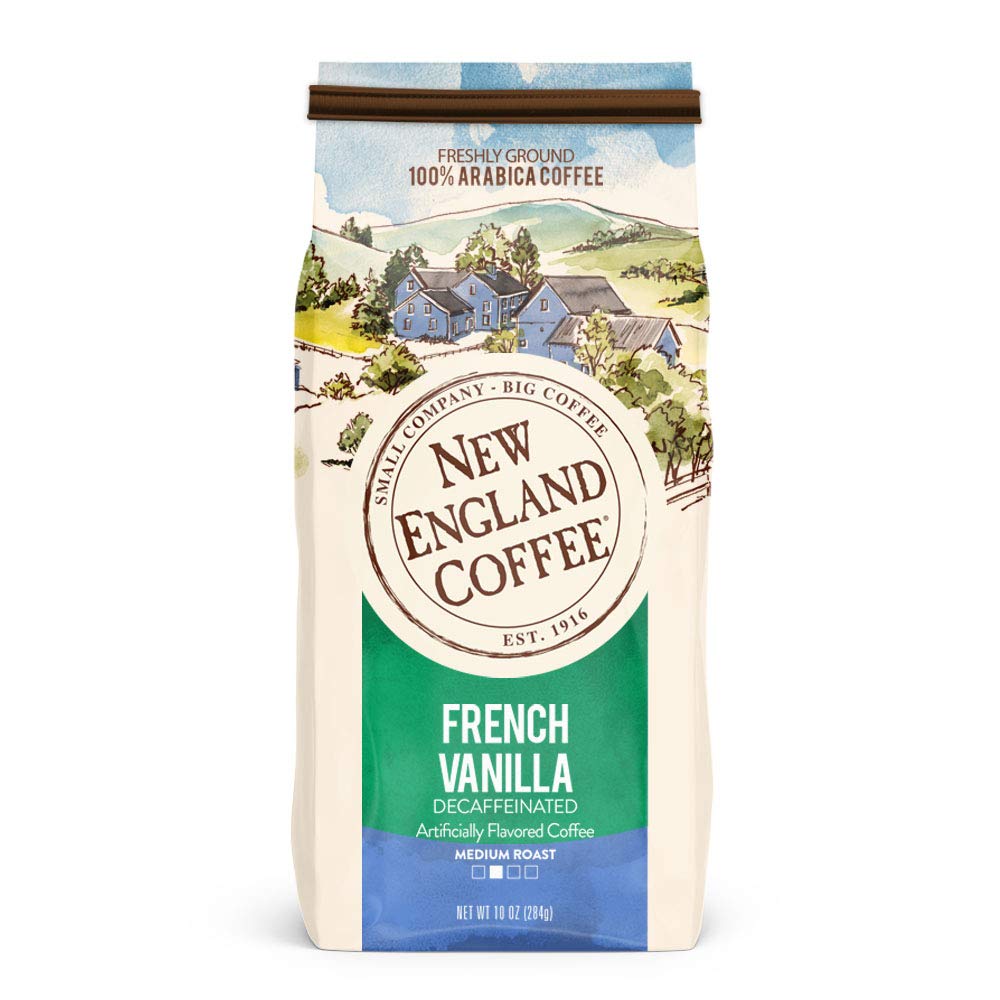 New England Coffee French Vanilla Decaf bag front view showing vanilla aroma for caffeine-free mornings