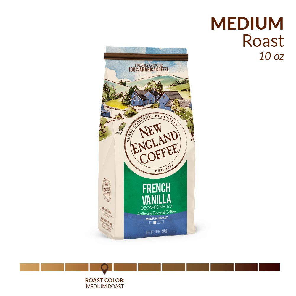 New England Coffee French Vanilla Decaf ground coffee in scoop ready for a smooth morning brew