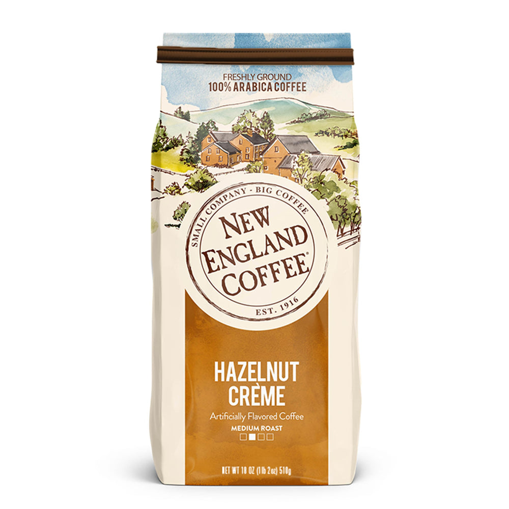New England Coffee Hazelnut Crème bag front view conveys a breakfast-ready aroma.