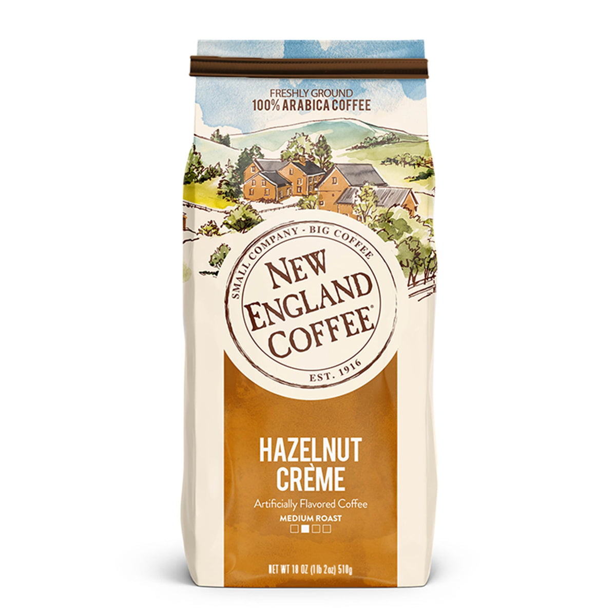 New England Coffee Hazelnut Crème bag front view conveys a breakfast-ready aroma.