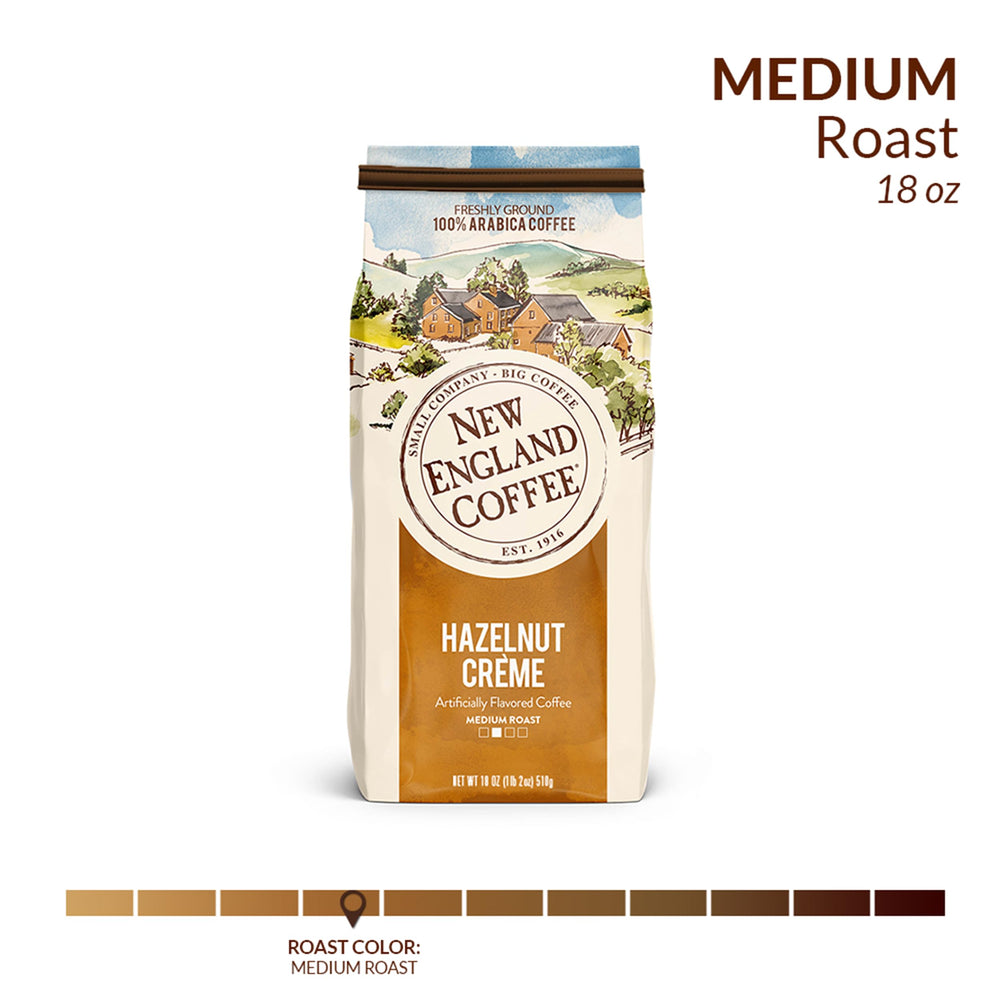 New England Coffee Hazelnut Crème bag and measuring scoop perfect for daily ritual.