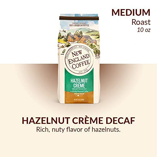 New England Coffee Hazelnut Creme Decaf 3-pack bag back showing flavor profile notes.
