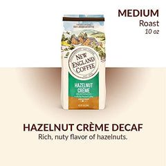 New England Coffee Hazelnut Creme Decaf 3-pack bag back showing flavor profile notes.