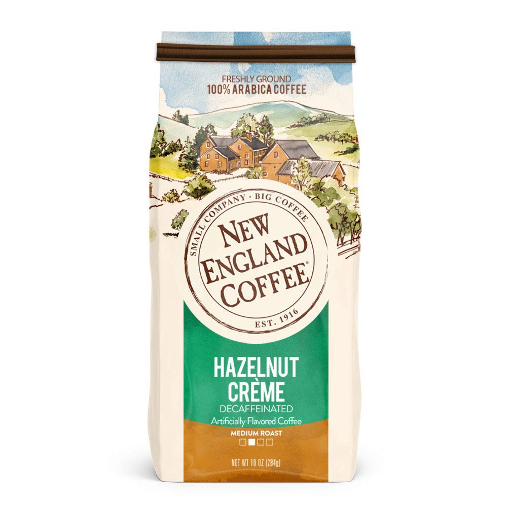 New England Coffee Hazelnut Creme Decaf 3-pack bag front for a smooth morning ritual.