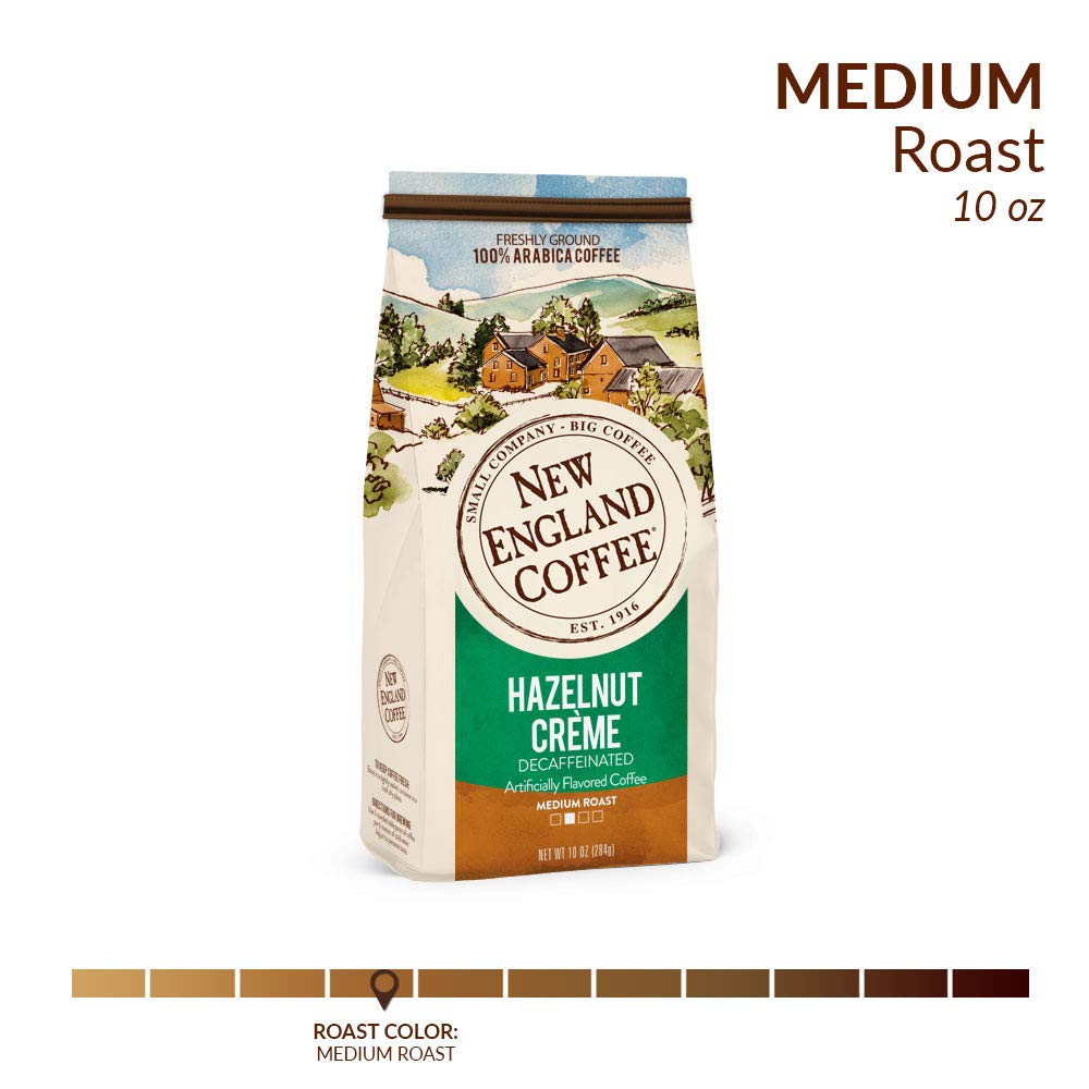 New England Coffee Hazelnut Creme Decaf ground coffee container ready for brewing.