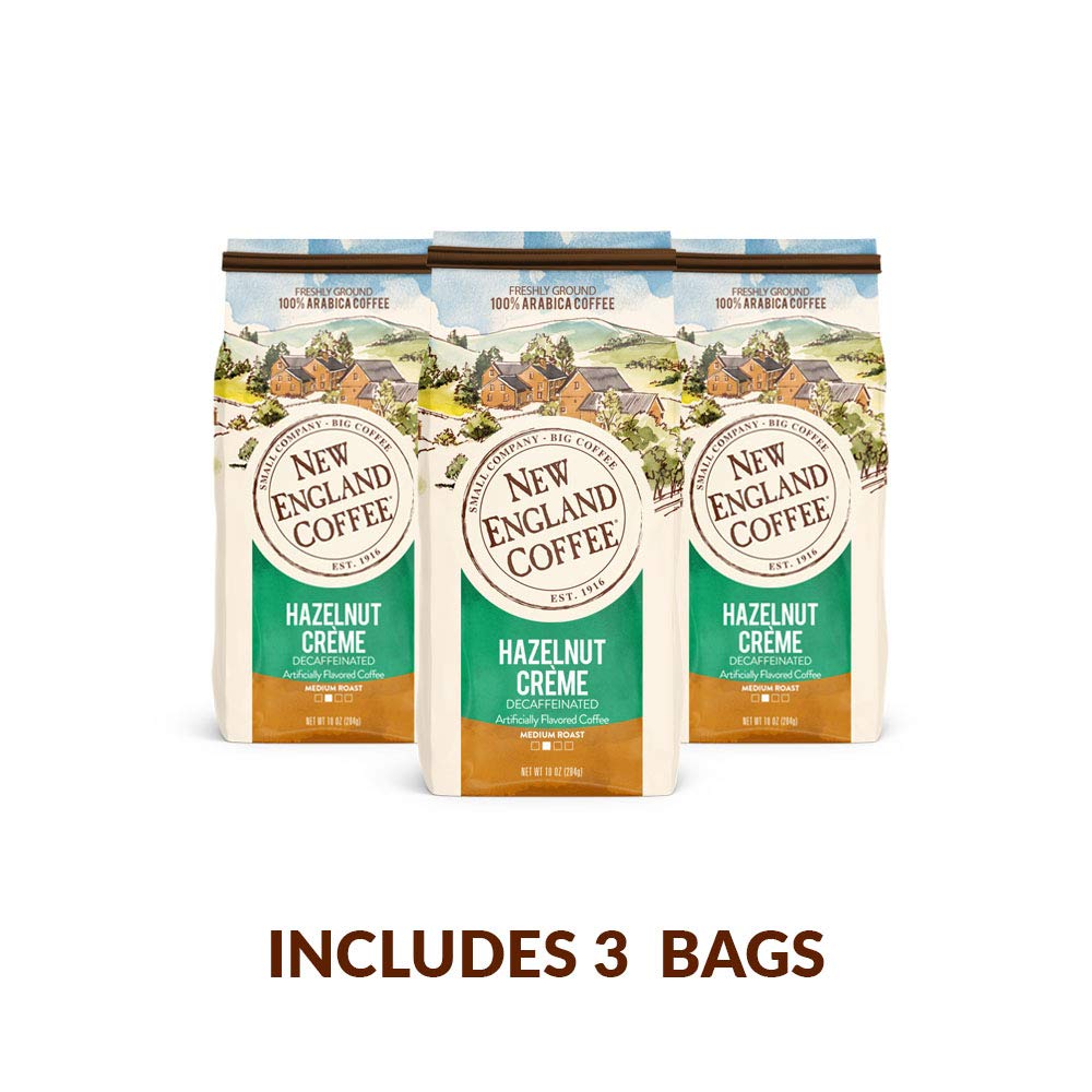 New England Coffee Hazelnut Creme Decaf small batch roast detail for flavor balance.