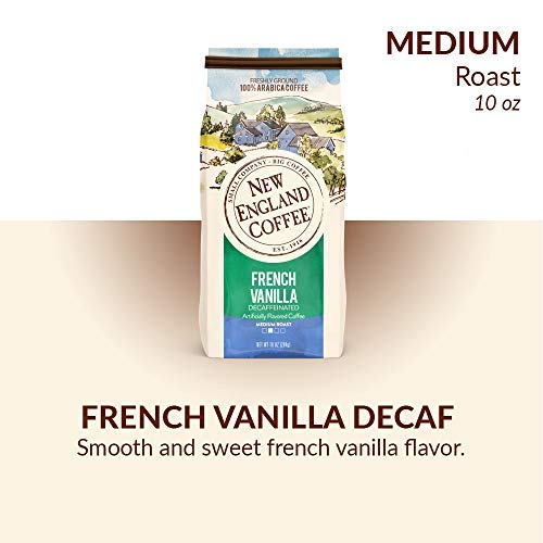 New England Coffee French Vanilla Decaf label close-up highlighting vanilla notes for flavor-focused tasting