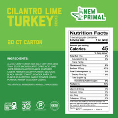 The New Primal cilantro lime turkey stick highlights keto-friendly, gluten-free ingredients.