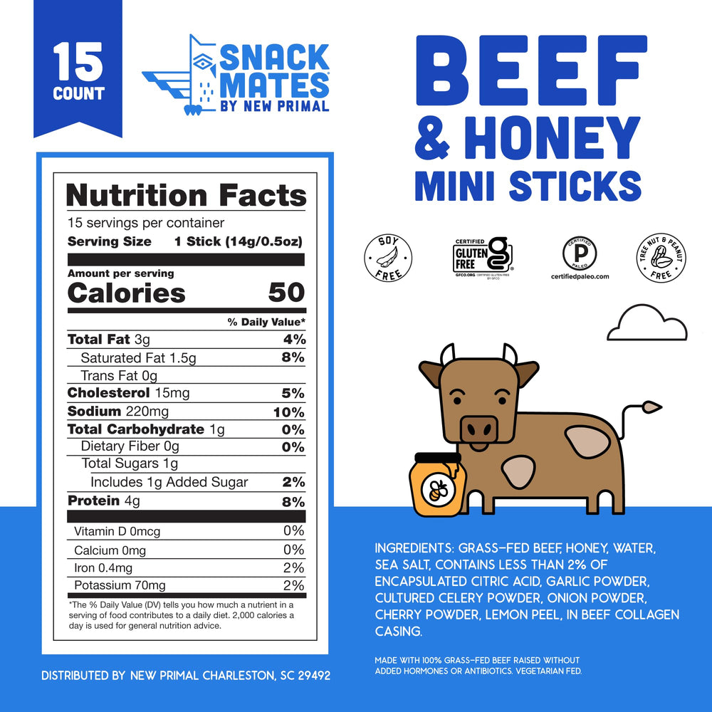 New Primal grass-fed beef honey stick: 4g protein per serving, kid-friendly snack.