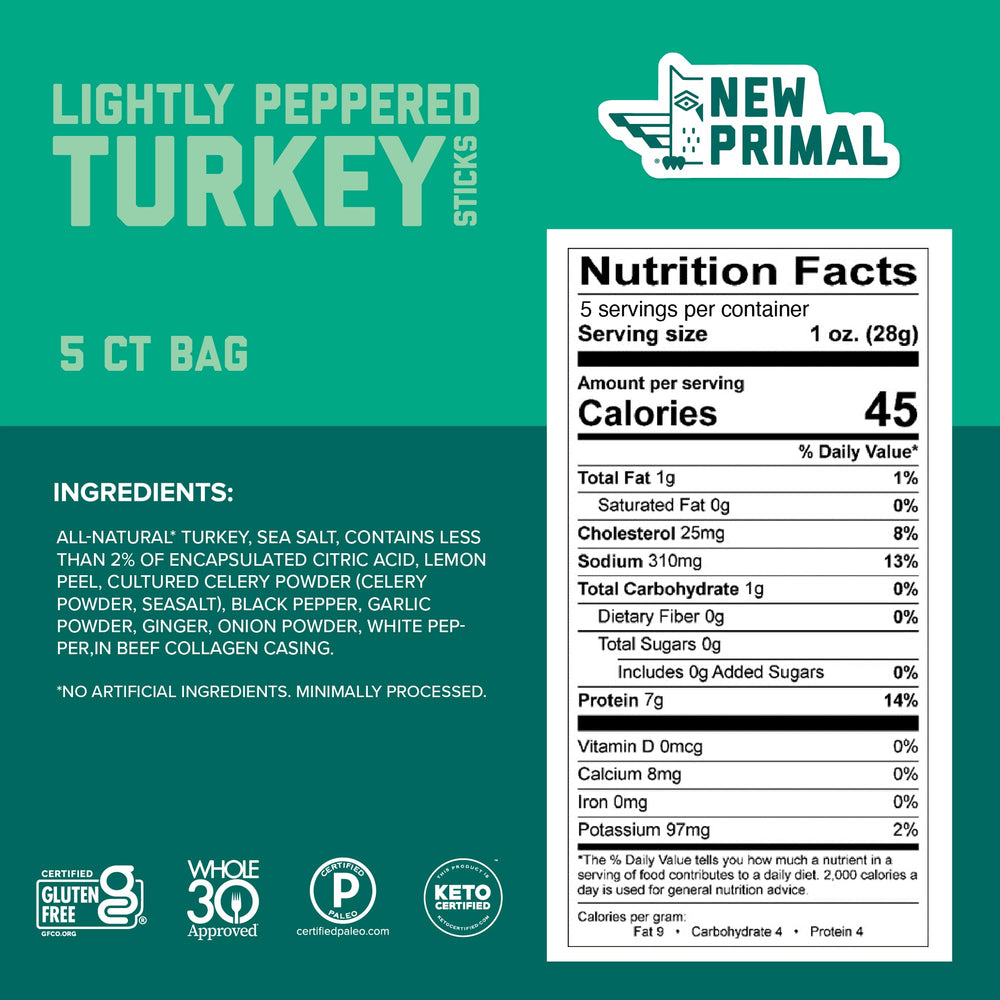 New Primal Lightly Peppered Turkey Sticks 1oz stick close-up, high-protein bite.