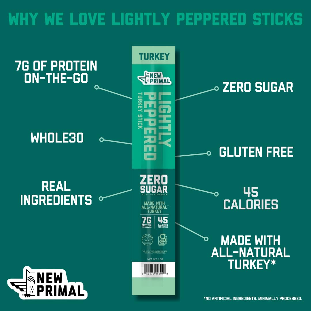 New Primal turkey sticks keto-gluten-free label and Whole30 eligibility.