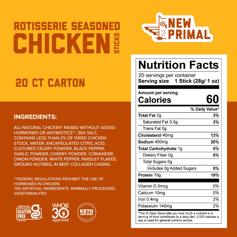 New Primal rotisserie chicken sticks close up ingredients for savory flavor