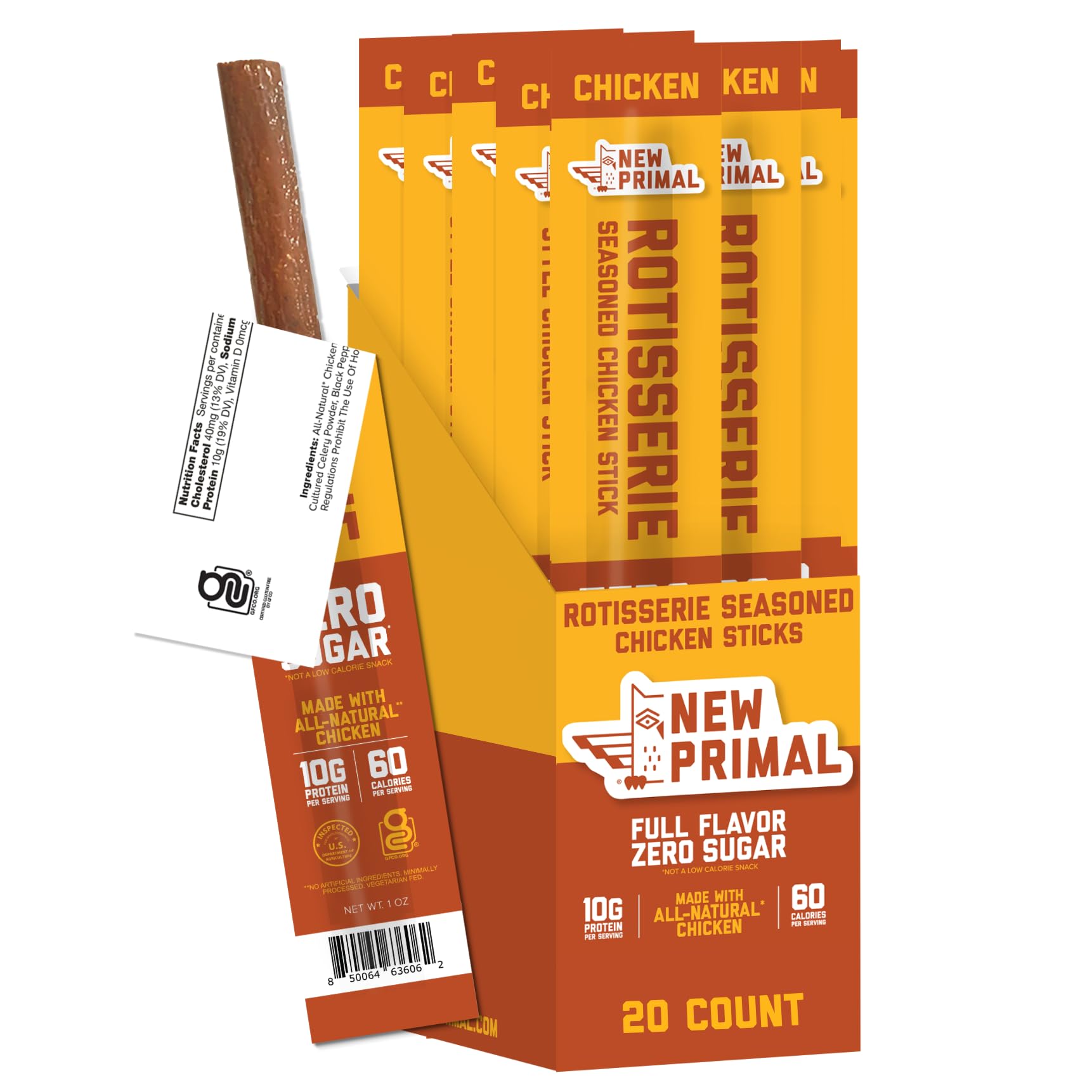 New Primal rotisserie chicken sticks package ready for on the go snacking