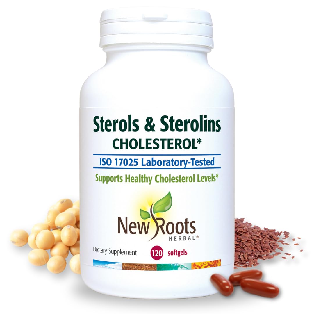 NEW ROOTS HERBAL Plant Sterols softgels bottle on kitchen counter for daily wellness.