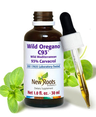New Roots Herbal Wild Oregano Oil Drops bottle highlighting high-carvacrol potency