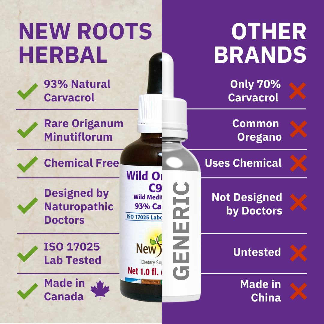 New Roots Herbal Wild Oregano Oil Drops label close-up for purity