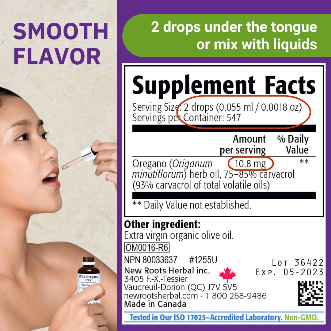 New Roots Herbal Wild Oregano Oil Drops packaging shows vegan gluten-free non-GMO features