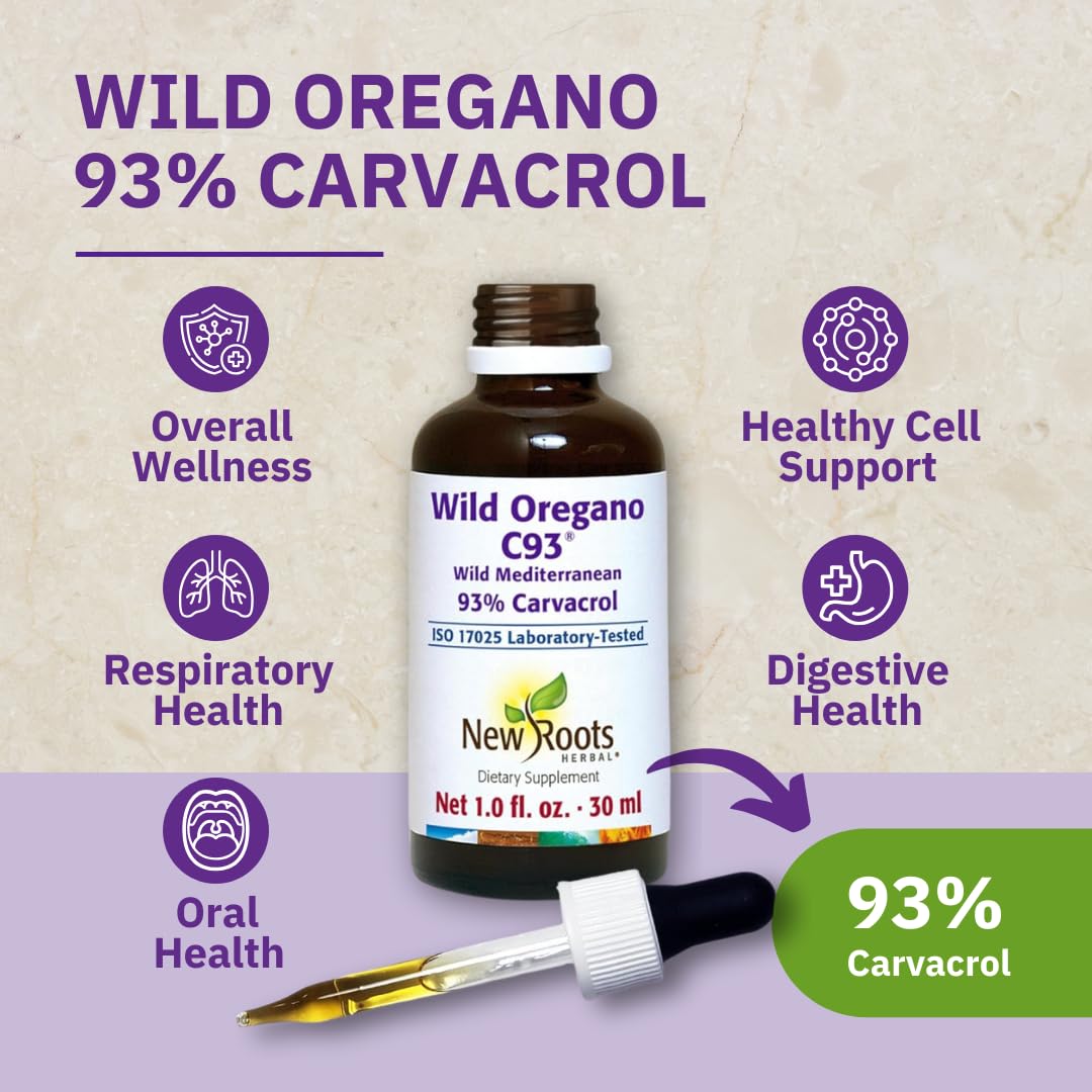 New Roots Herbal Wild Oregano Oil Drops pour showing rich aroma