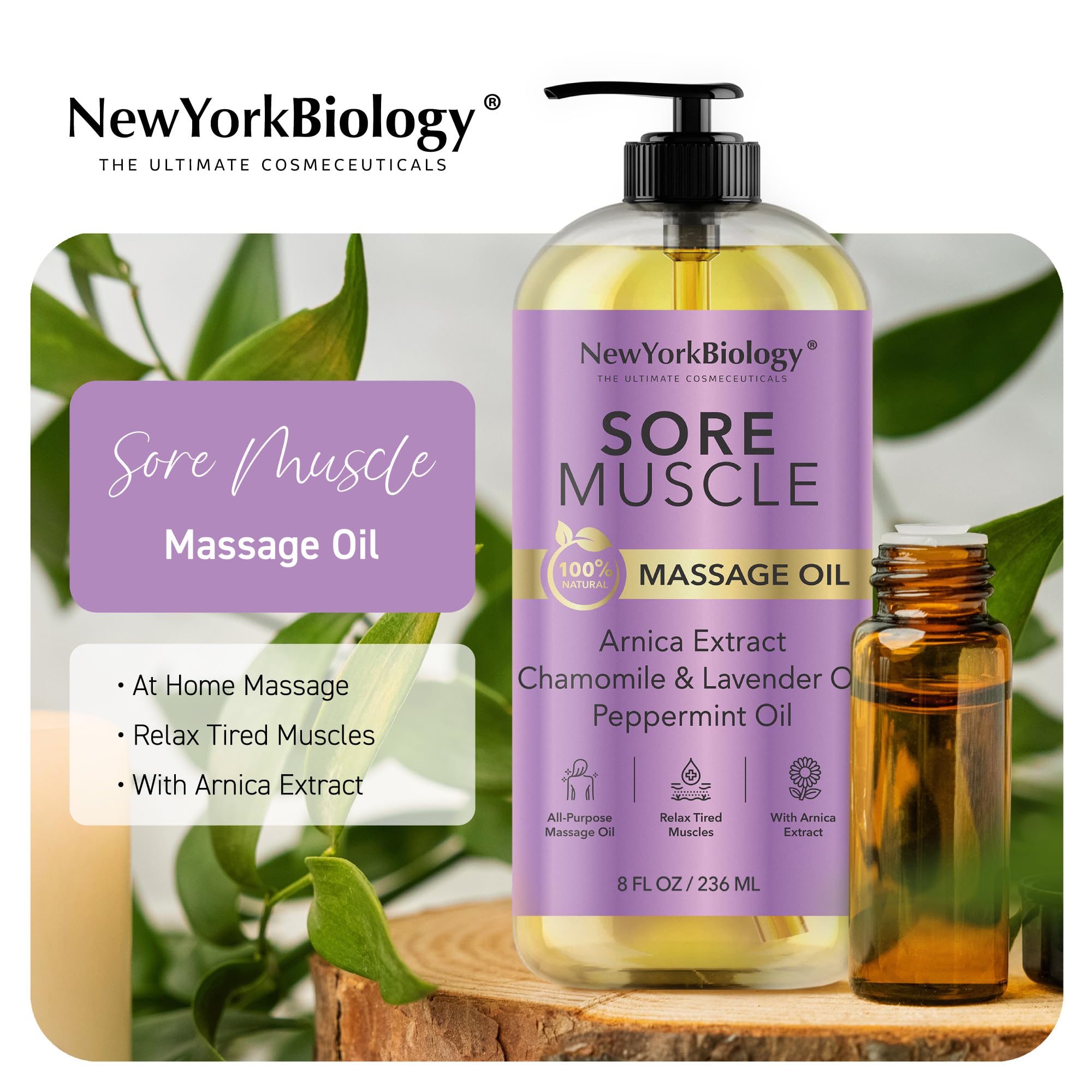 New York Biology Sore Muscle Massage Oil back massage setup suggests full-body use.