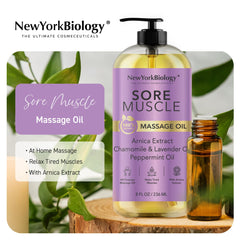 New York Biology Sore Muscle Massage Oil back massage setup suggests full-body use.