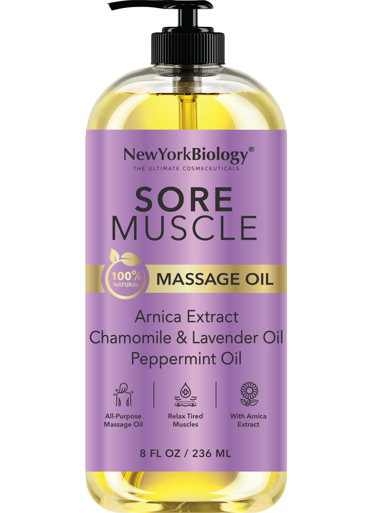 New York Biology Sore Muscle Massage Oil bottle pour demonstrates smooth application for quick skin hydration.