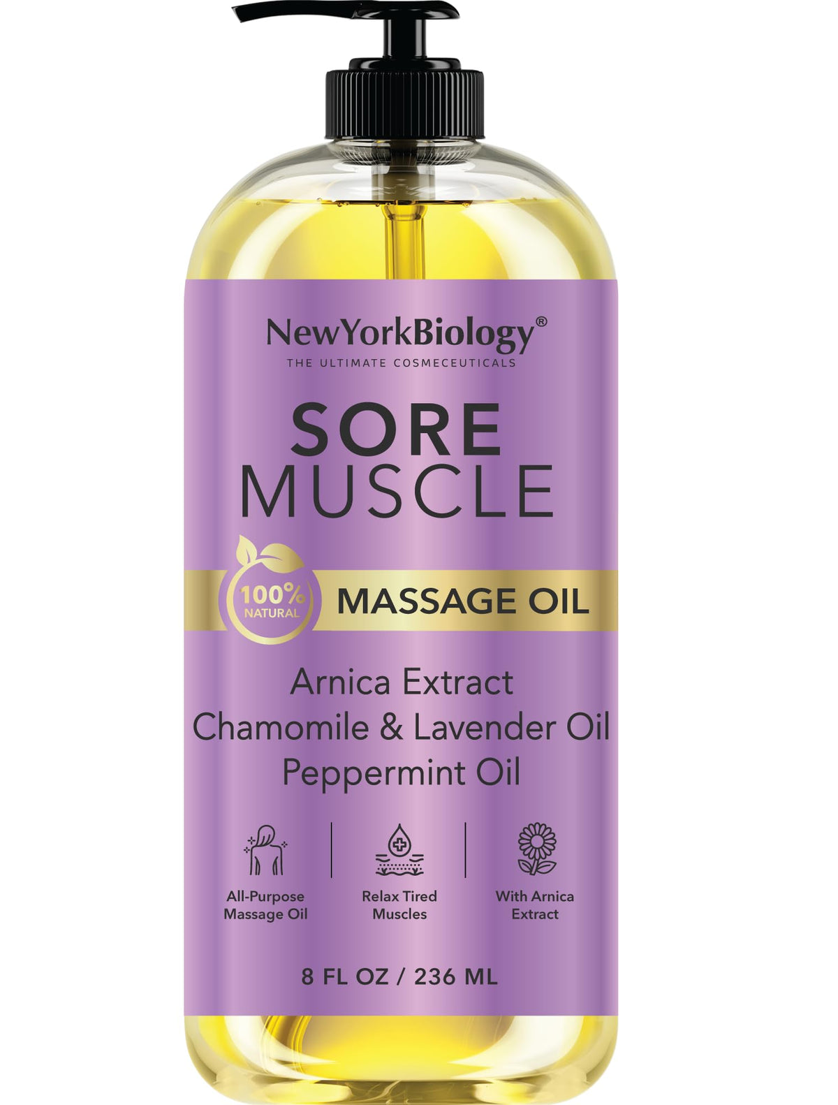 New York Biology Sore Muscle Massage Oil bottle pour demonstrates smooth application for quick skin hydration.