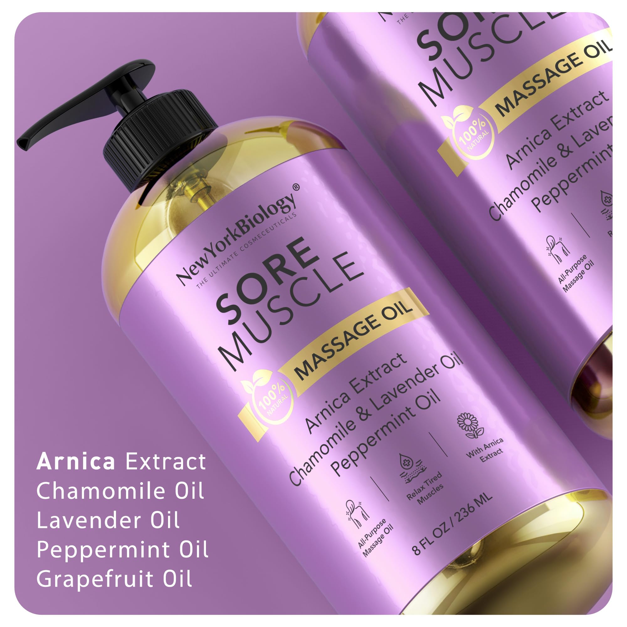 New York Biology Sore Muscle Massage Oil ingredients closeup features Chamomile, Lavender, Peppermint.
