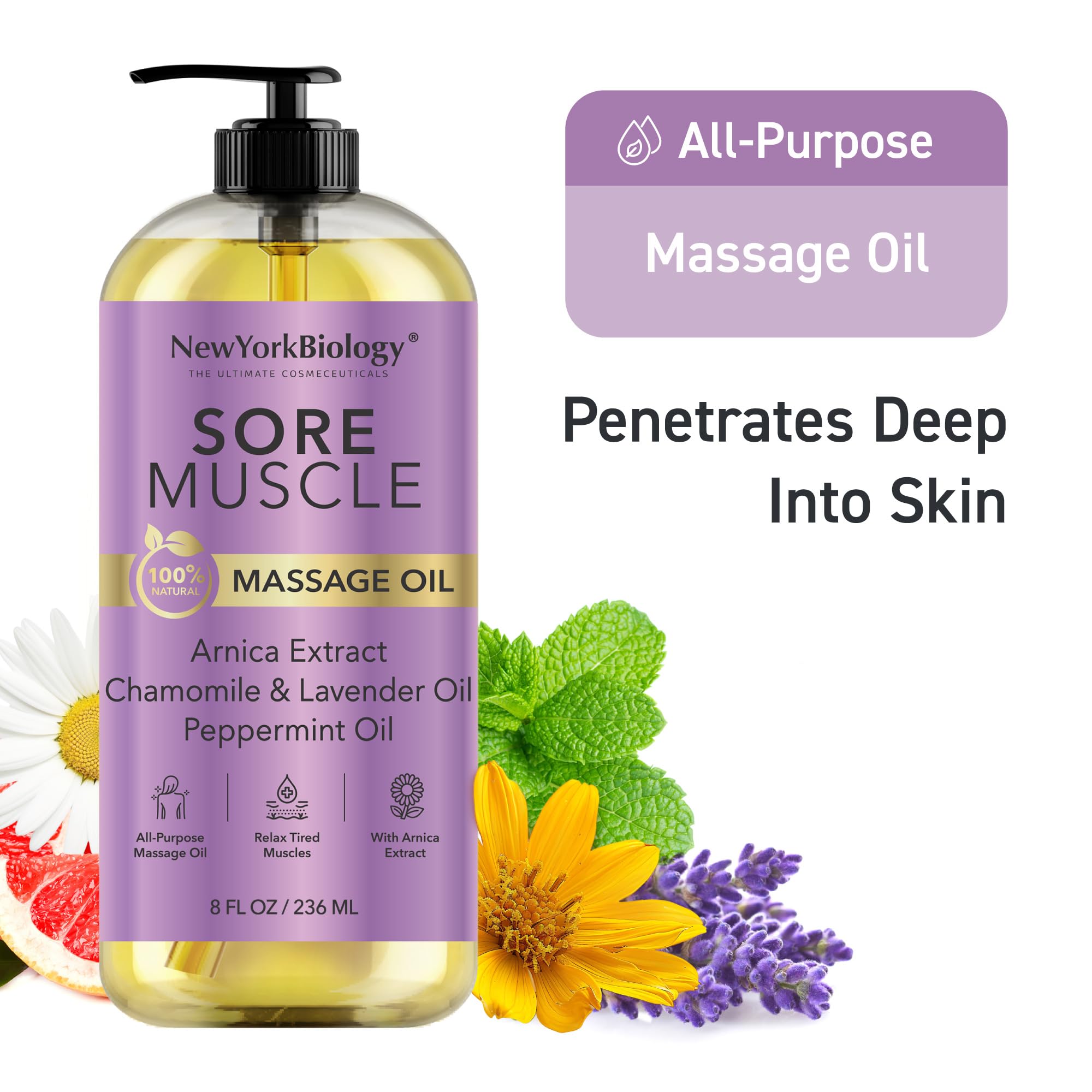 New York Biology Sore Muscle Massage Oil USA-made badge communicates quality.