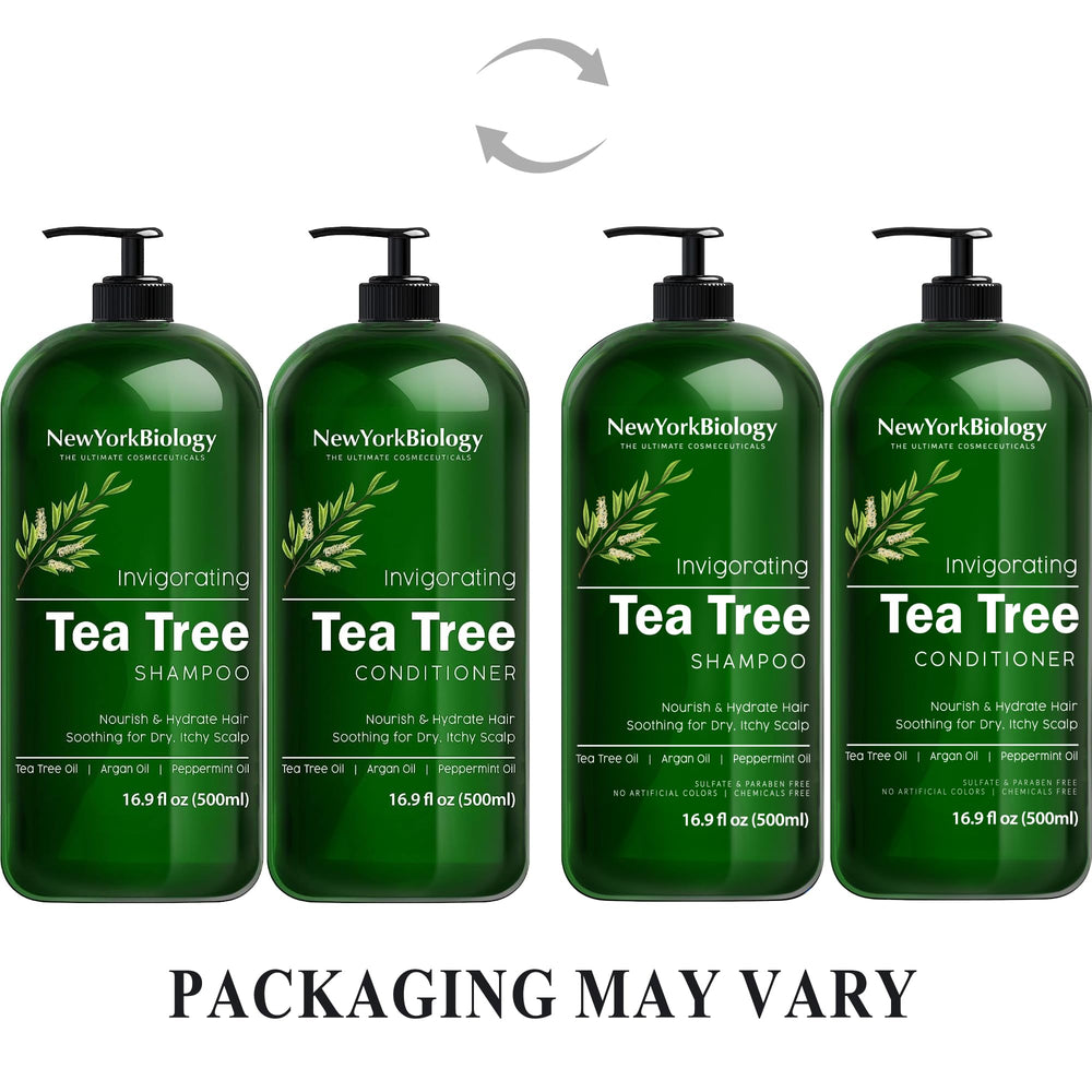 New York Biology Tea Tree Shampoo bottle during application for deep cleansing