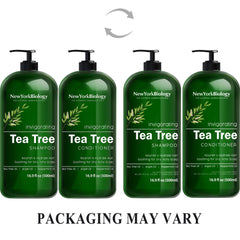 New York Biology Tea Tree Shampoo bottle during application for deep cleansing