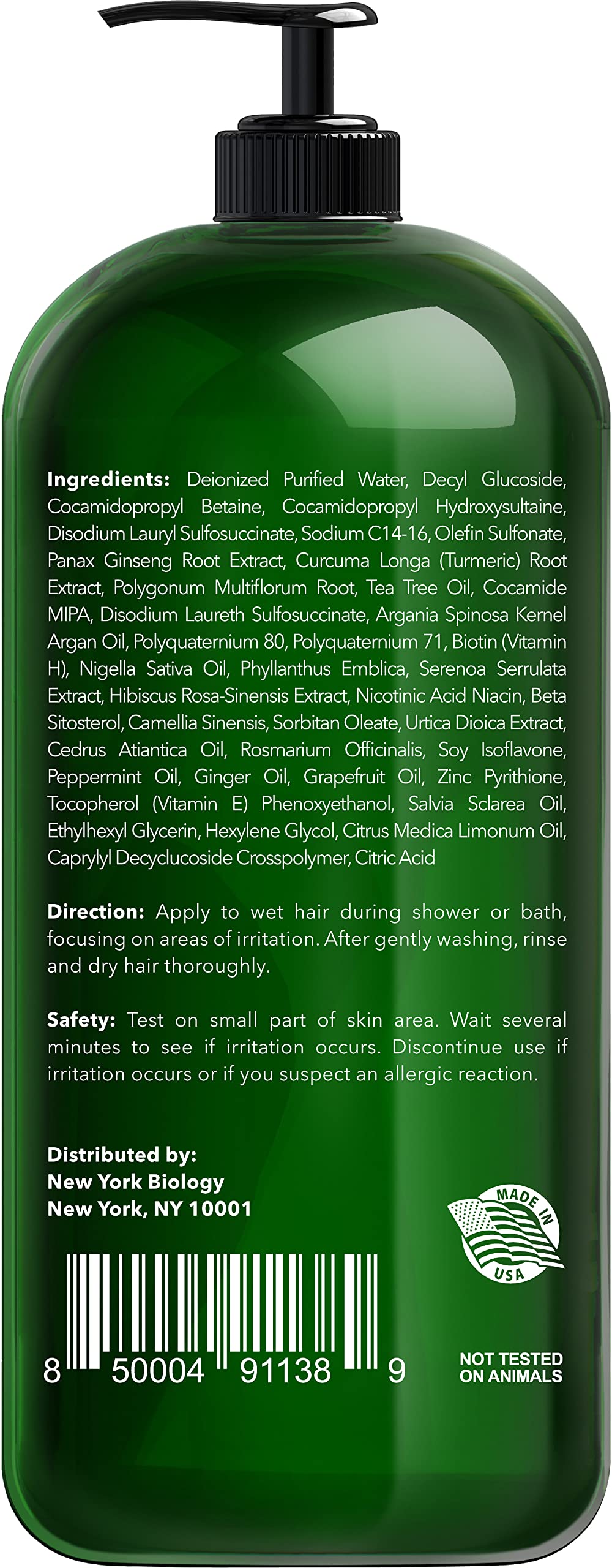 New York Biology Tea Tree Shampoo label closeup highlights the therapeutic grade formula.