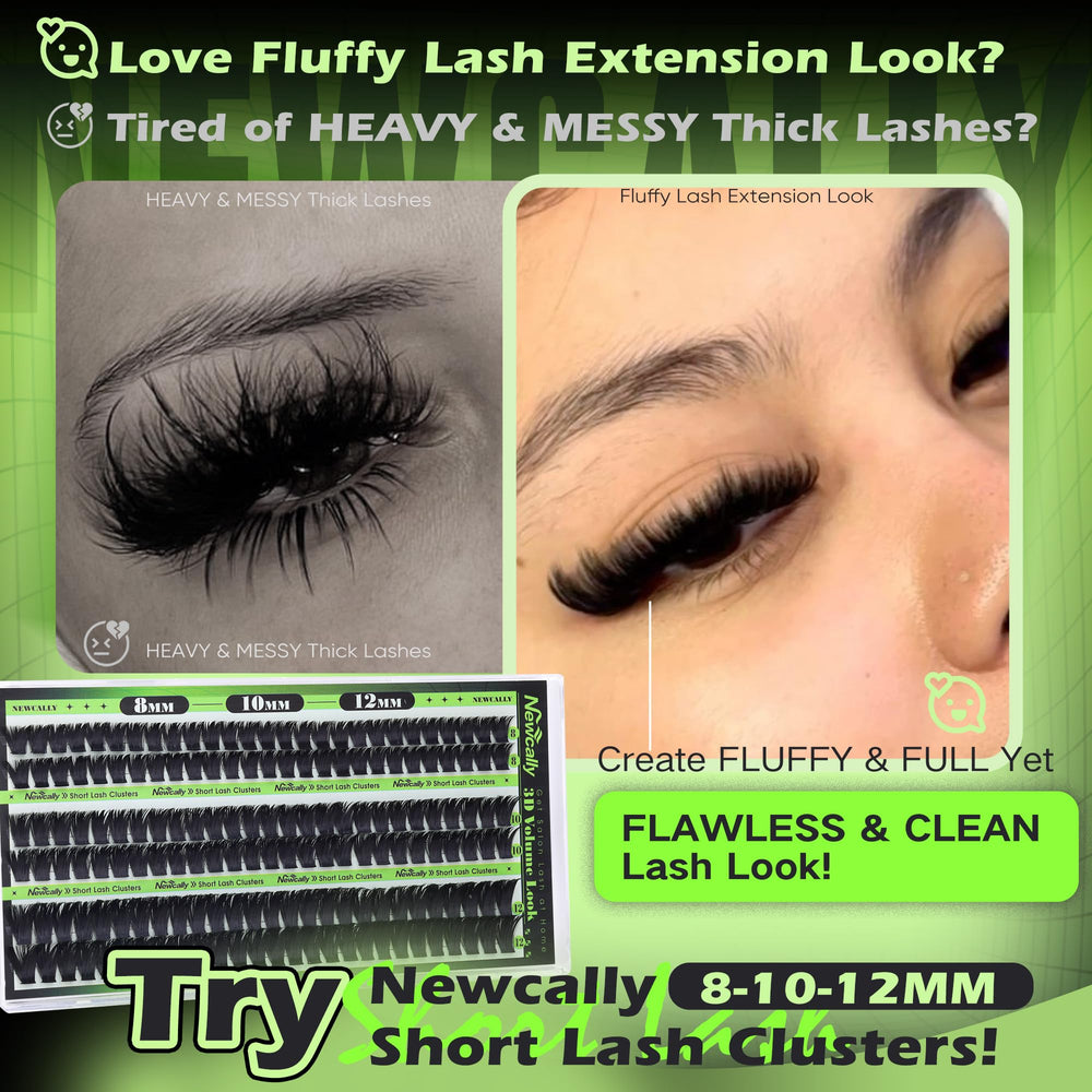 Newcally wispy lash clusters with 3D volume for a soft flutter.