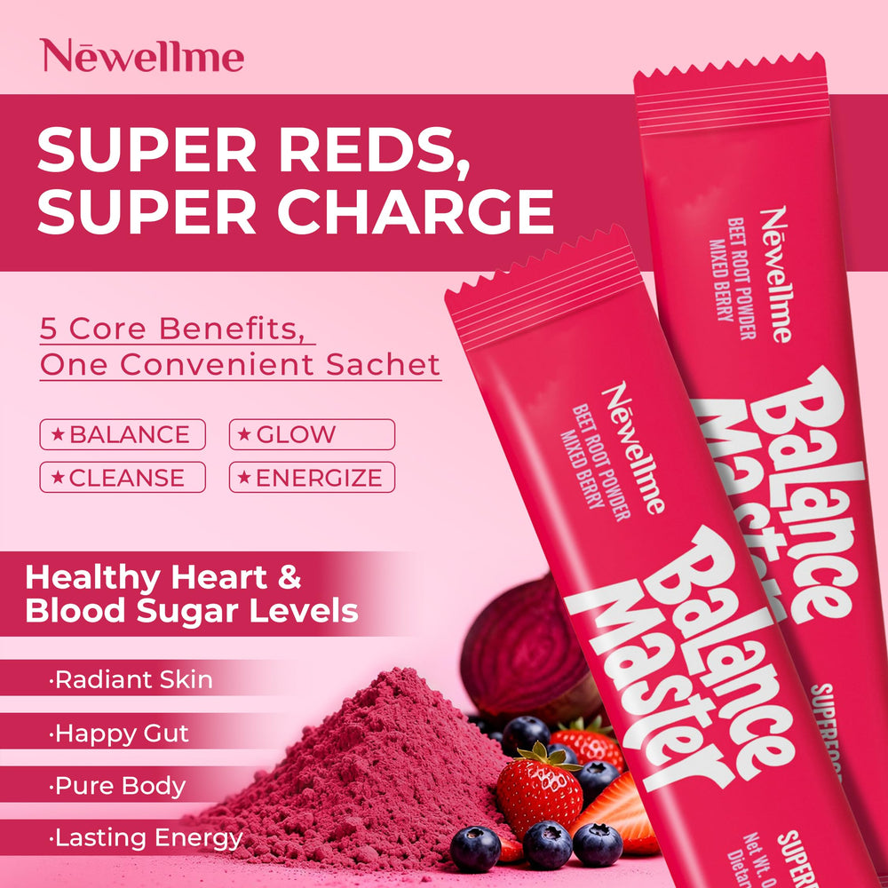 NEWELLME Balance Master mixed berry flavor powder adds vibrant color to smoothies.