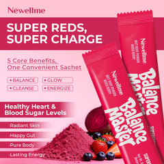NEWELLME Balance Master mixed berry flavor powder adds vibrant color to smoothies.