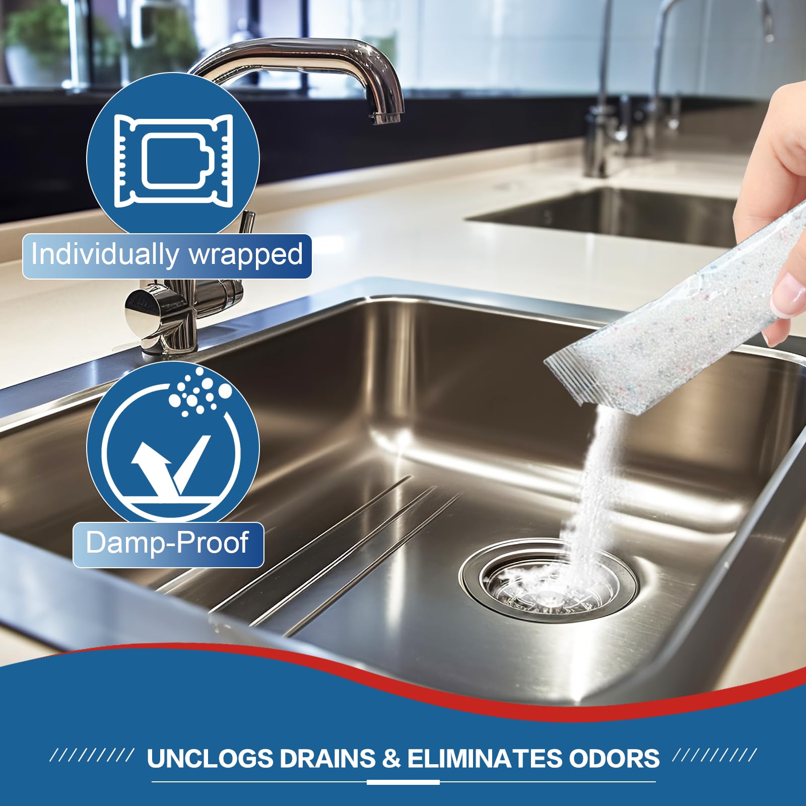 Newersol Drain Clog Remover in kitchen sink scene targeting grease clogs